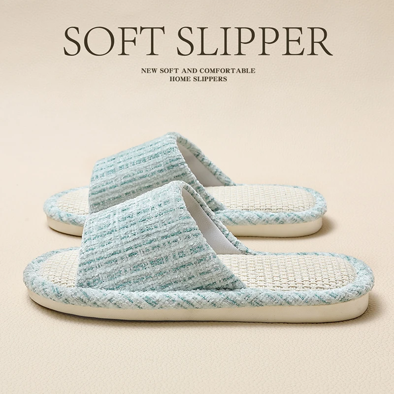 dmpd静音吸汗不臭脚亚麻拖鞋女士春秋家用室内居家防滑棉麻布拖鞋
