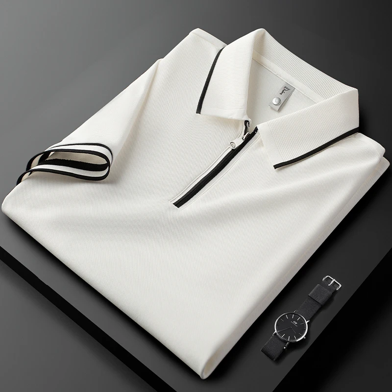 优品夏季薄款冰丝半拉链白色POLO男士衫男polo男士加绒商务polo衫