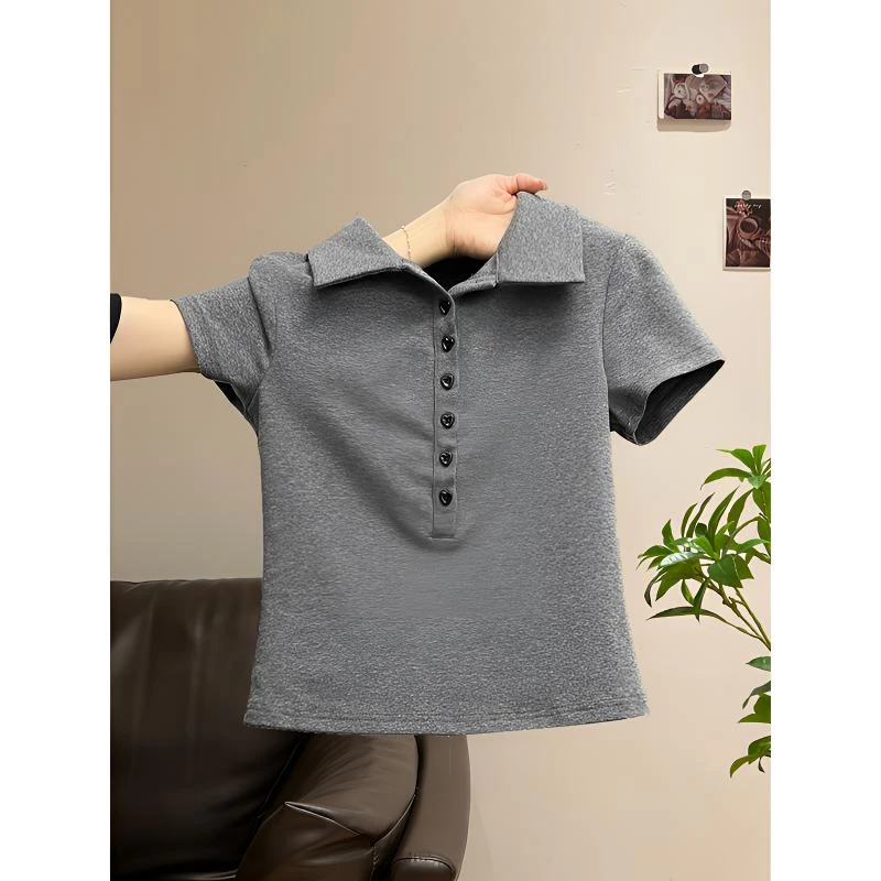 2025学院风Polo翻领短袖T恤女春夏季小个子辣妹正肩修身短款上衣1