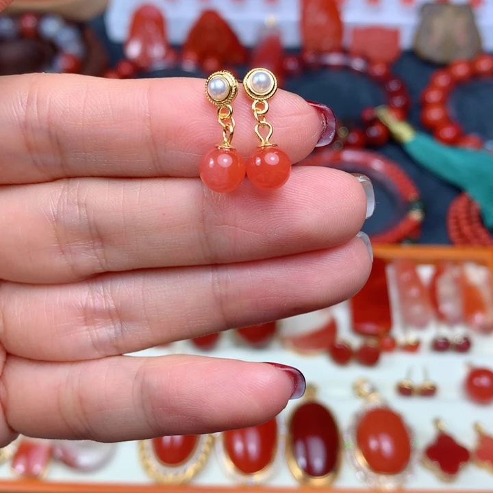 南红玛瑙银S925镶嵌耳饰