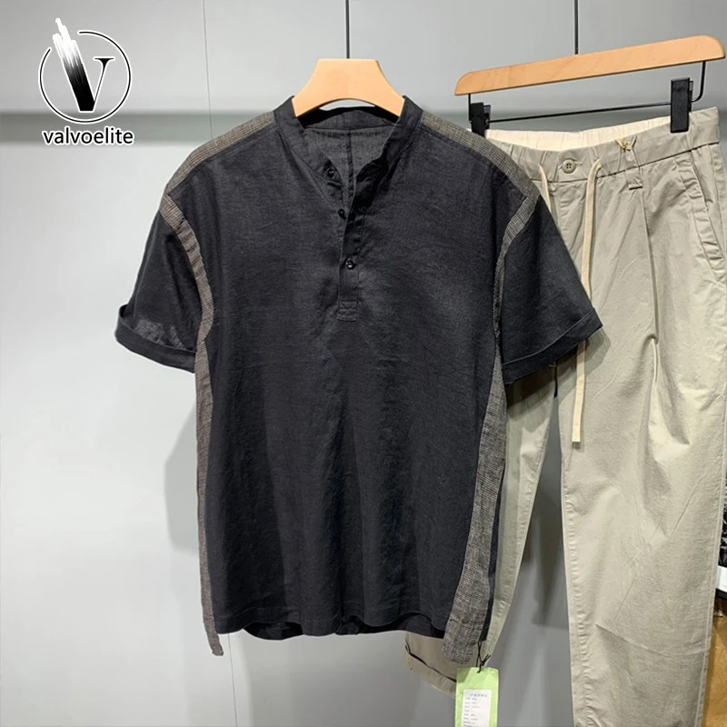 VALVOELITE夏季新款复古拼接短袖衬衫男时尚休闲男士户外立领外套