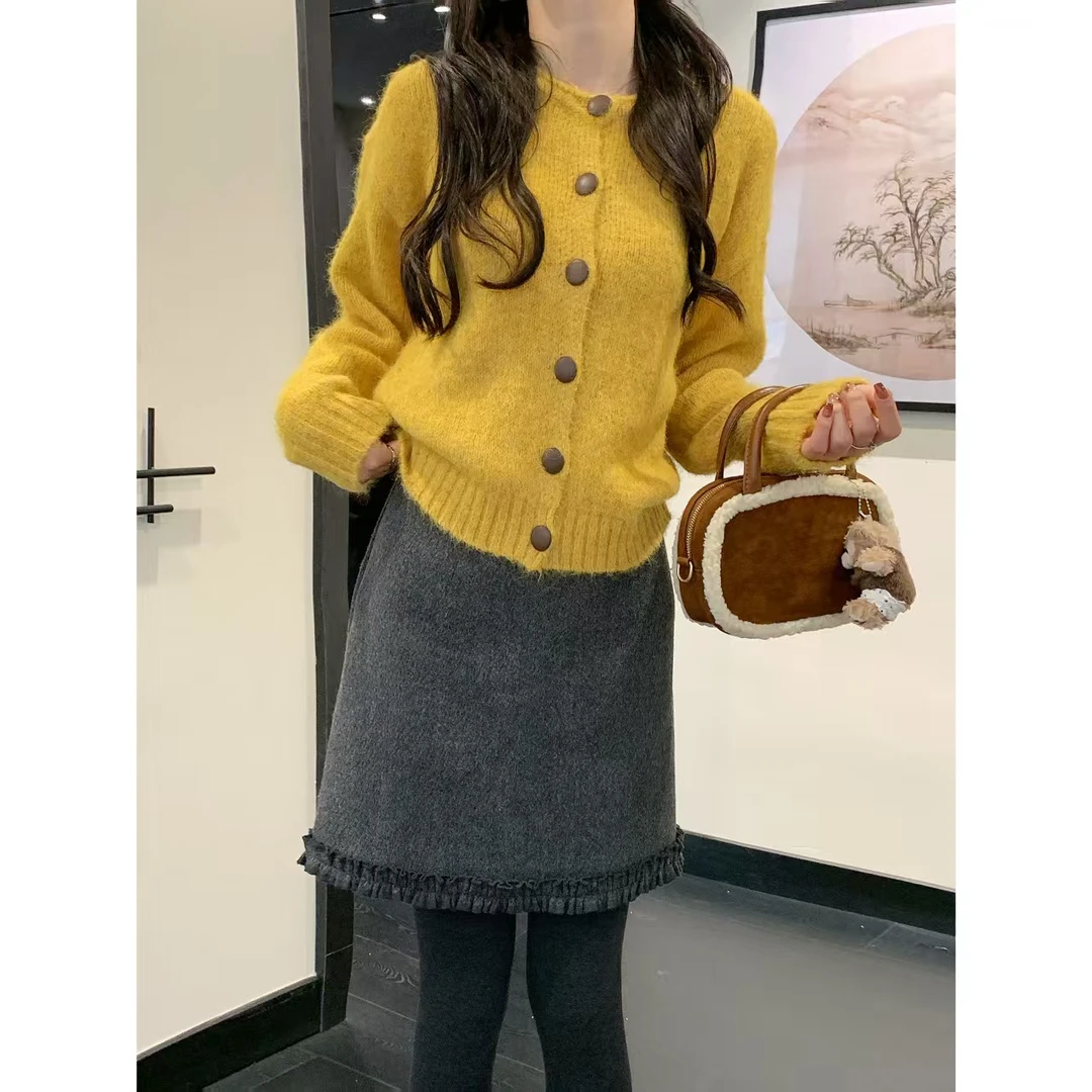 48h【千金短裙】加长秋冬款小香风加厚木耳花边A字短裙半身裙25424