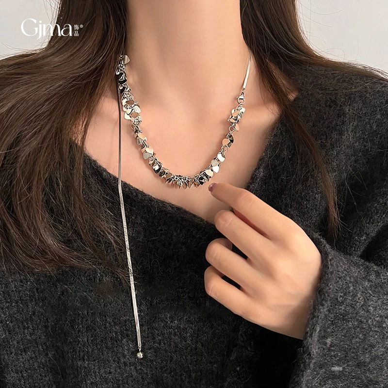 铜合金项链 欧美时尚爱心亮片流苏项链小众创意锁骨链气质百搭