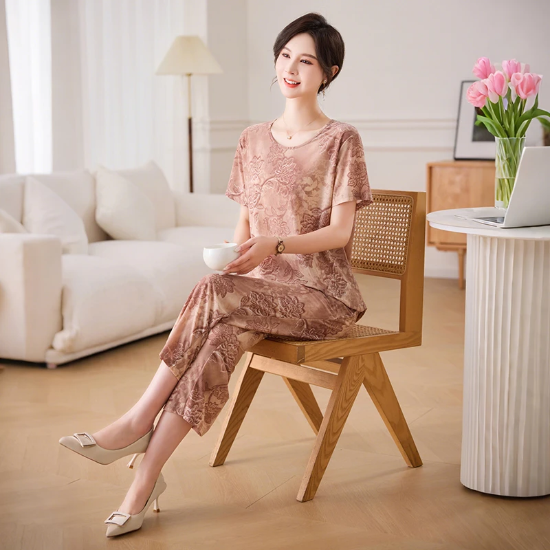 中老年显瘦妈妈装女装时尚上衣裤子清凉夏季款透气舒适家居服套装