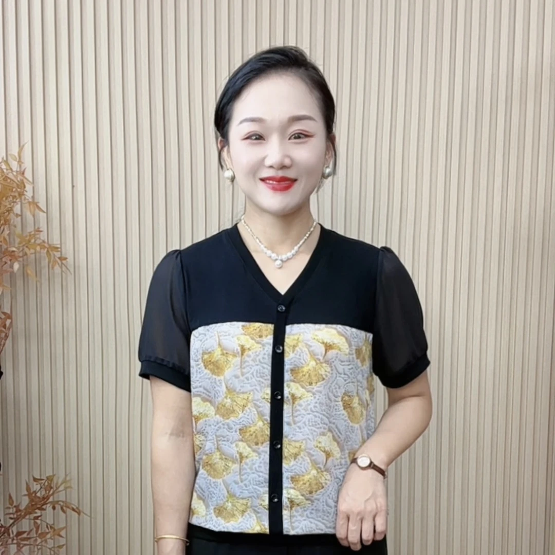 妈妈装流行欧若拉时尚银杏叶V领中老年女装宽松女士独特漂亮短袖