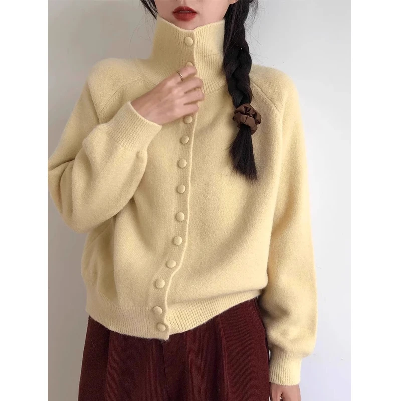 高领针织开衫女2025春秋季新款复古韩系慵懒风高级感宽松毛衣外套