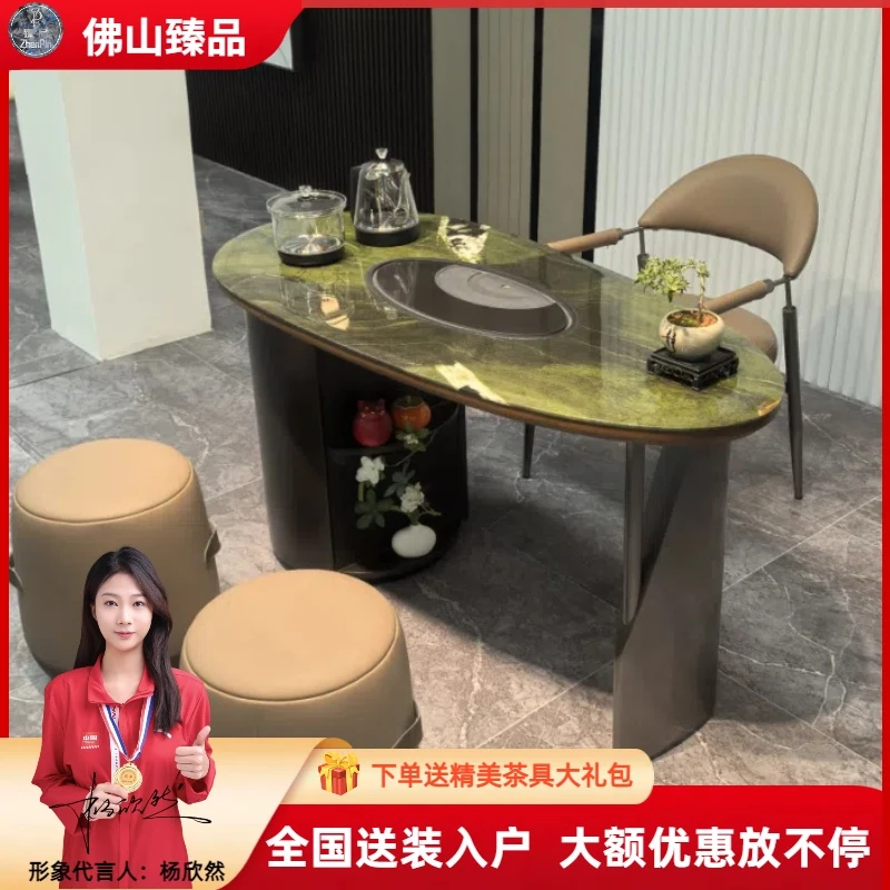 意式轻奢极简茶桌椅组合现代简约绿超晶石办公别墅阳台茶台设计款