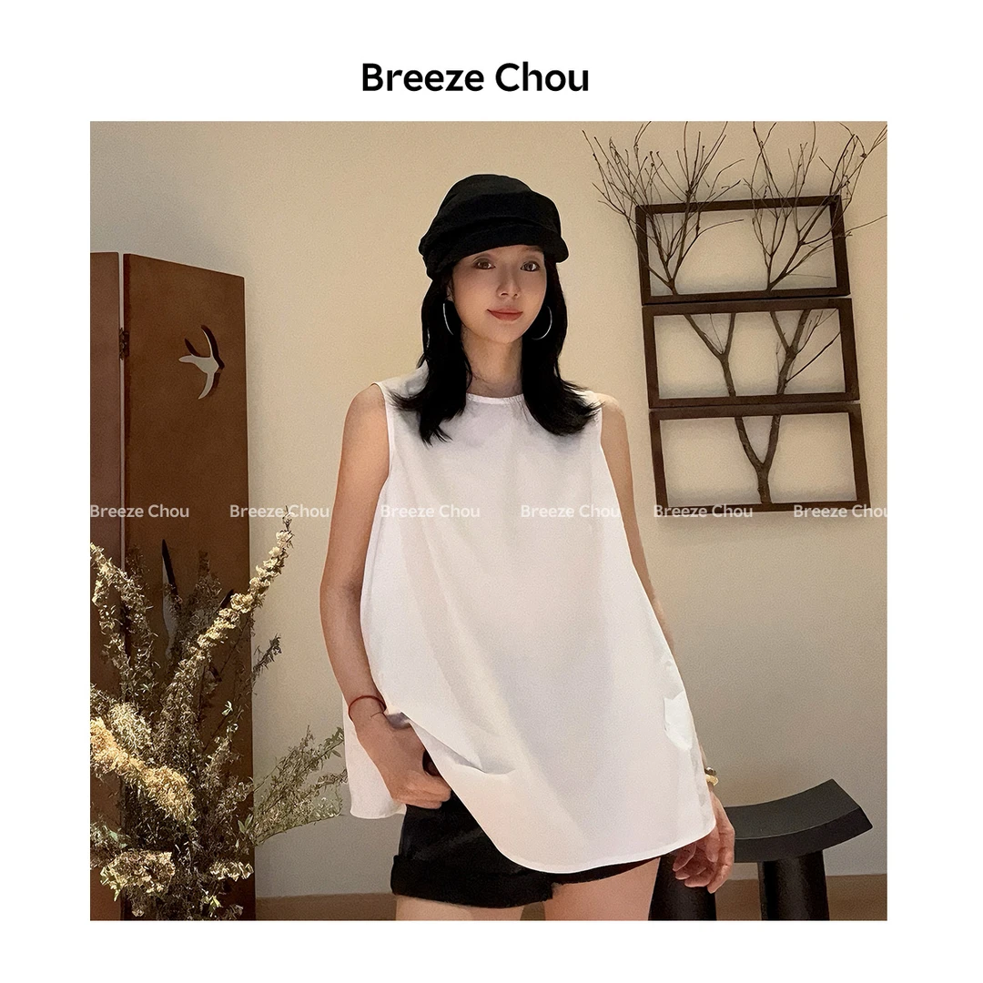 Breeze Chou2025夏款日系极简风夹圈褶皱设计舒适宽松无袖圆领