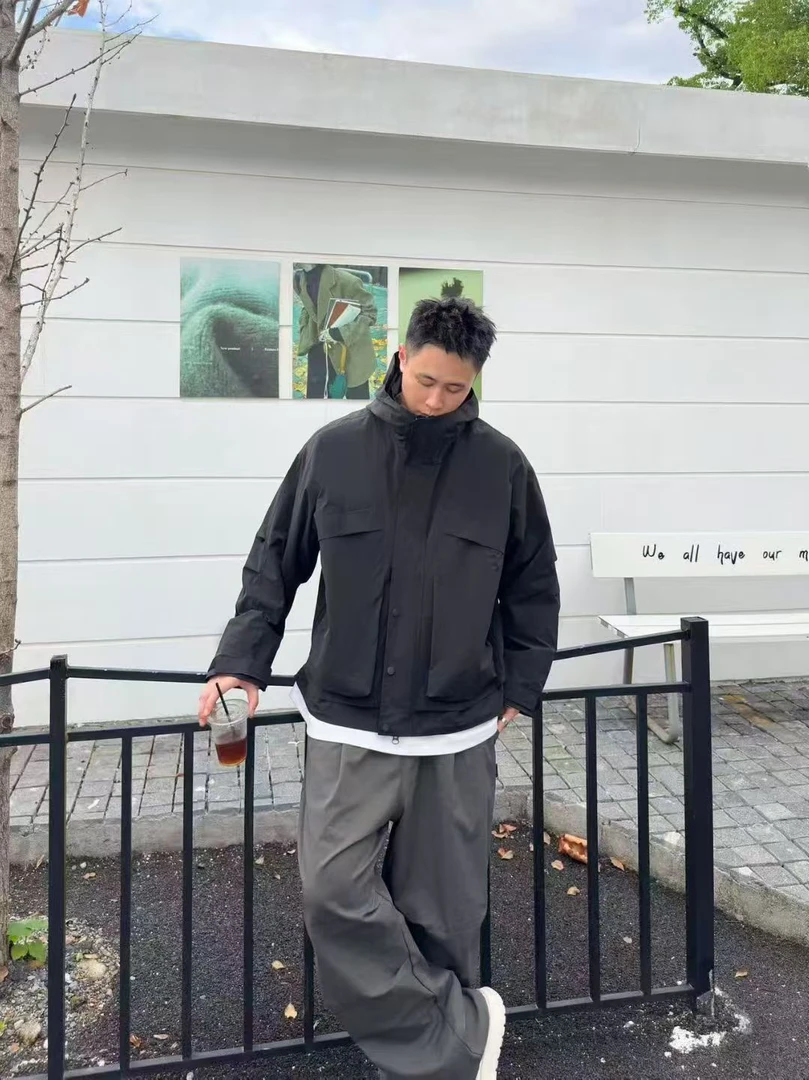 春秋美式潮牌男设计款双拉链高级感秋季休闲夹克工装连帽冲锋衣
