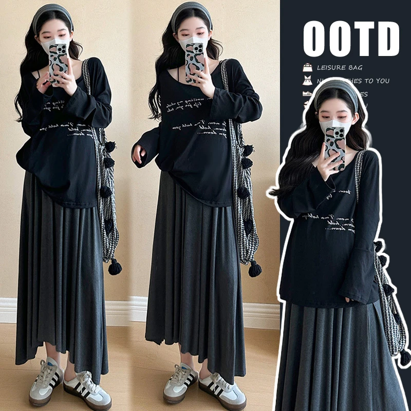 【安安】孕妇装春秋季减龄上衣+半身裙韩版时尚长袖t恤孕妇春装洋气