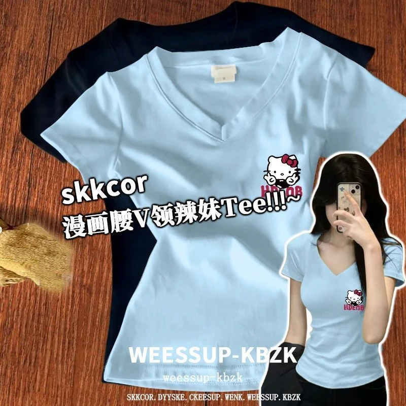 2025新款夏季短袖韩版卡通凯蒂猫印花V领正肩T恤休闲修身上衣女装