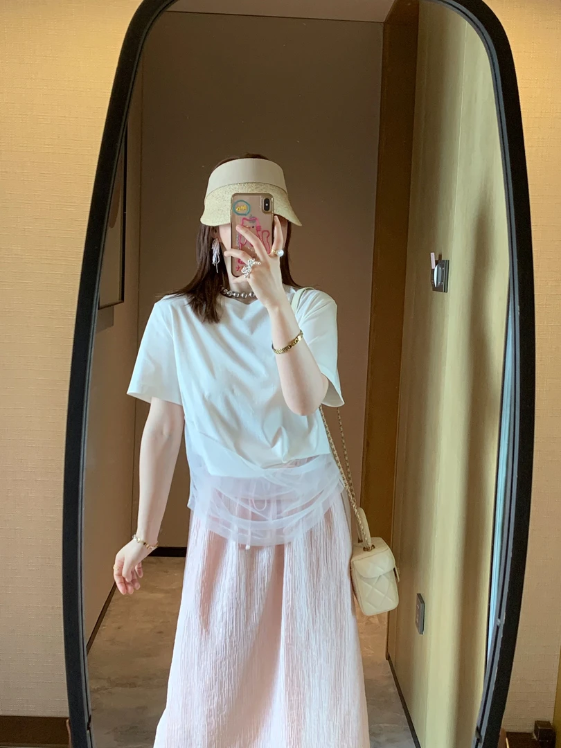 不规则夏装上衣落肩袖圆领拼接蕾丝高腰薄款常规休闲百搭蕾丝T恤