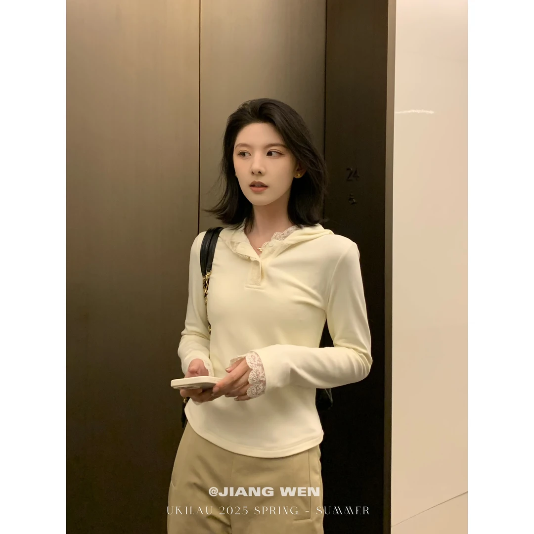 UKILAU【芝士帽衫】蕾丝边拼接复古连帽长袖T恤上衣