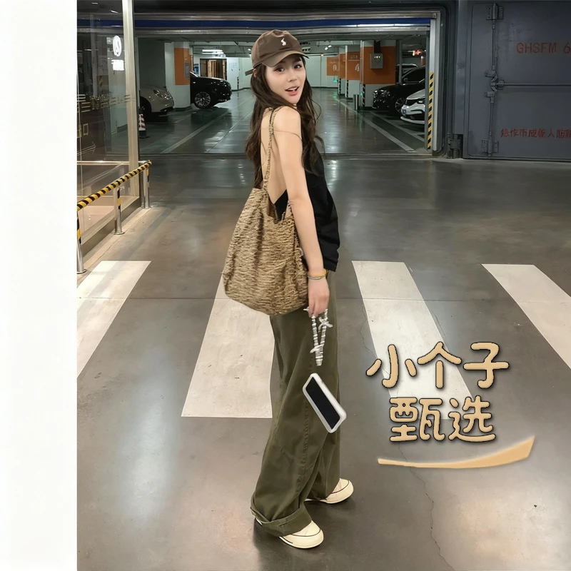 小个子甄选军绿色拼接弯刀牛仔工装裤女美式复古阔腿裤镰刀香蕉裤