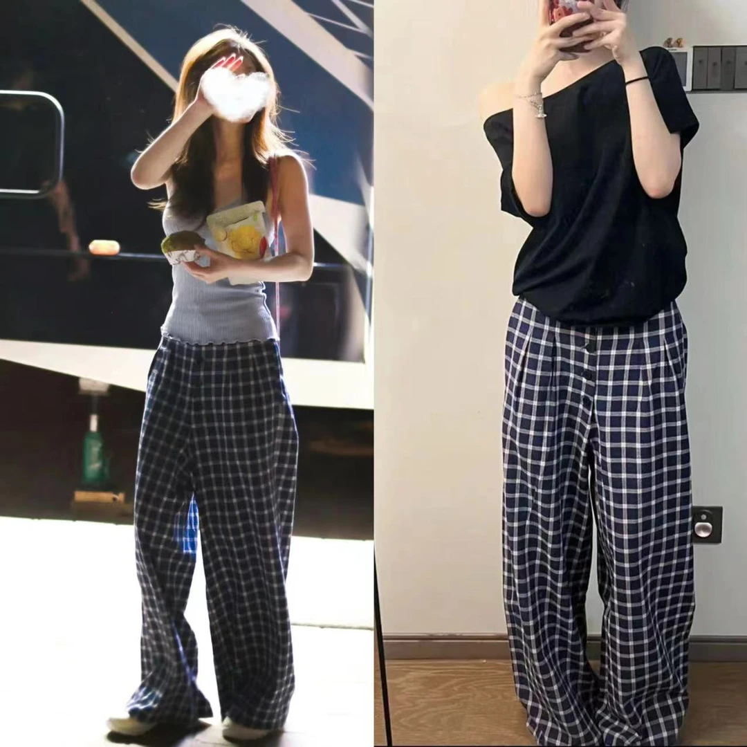 徐秋阳  蓝调格子裤 显瘦休闲舒适新款直筒格子裤9556