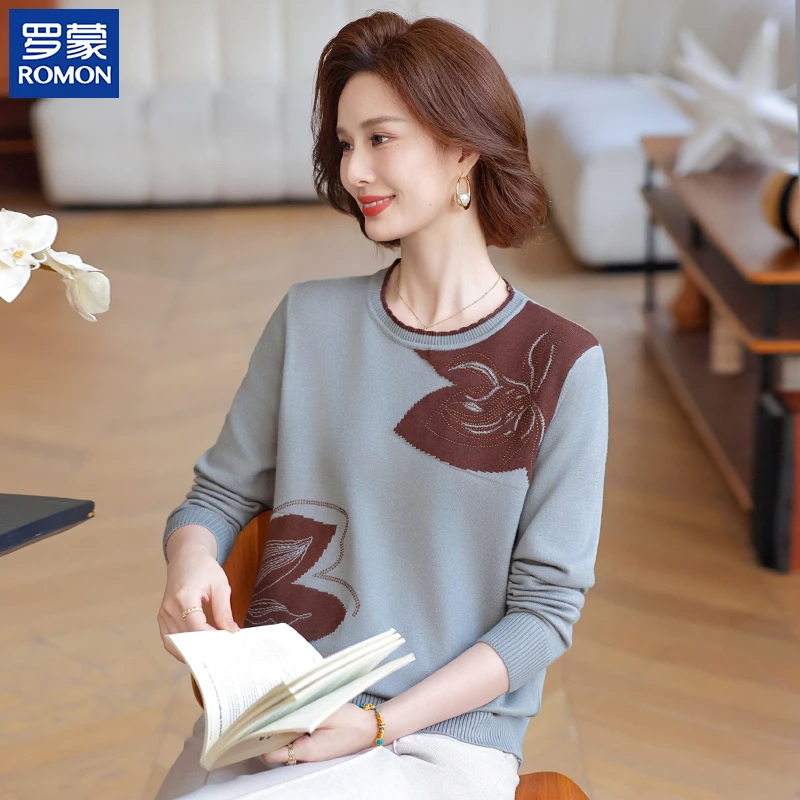 罗蒙时尚气质秋季妈妈装中年圆领镶钻花边上衣中老年女装秋款卫衣