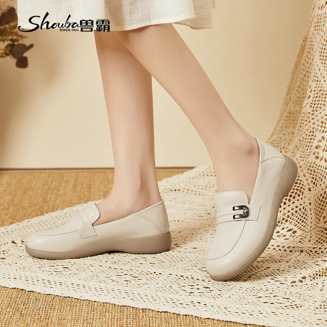 兽霸女鞋春季通勤乐福鞋百搭舒适平底平跟单鞋春秋简约白色豆豆鞋