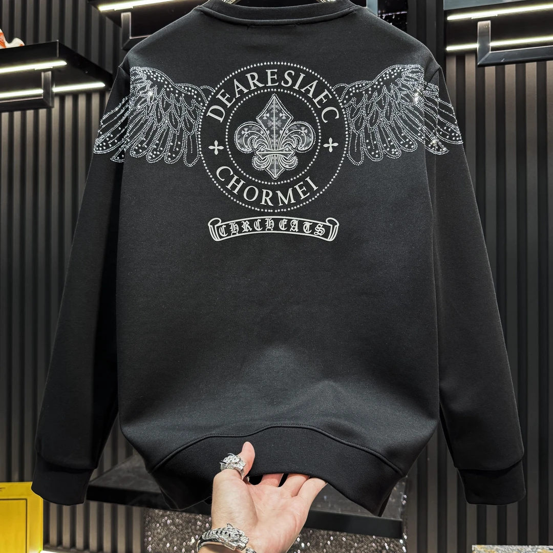 欧货男士高端重工烫钻翅膀卫衣新款秋季潮牌修身轻奢长袖上衣