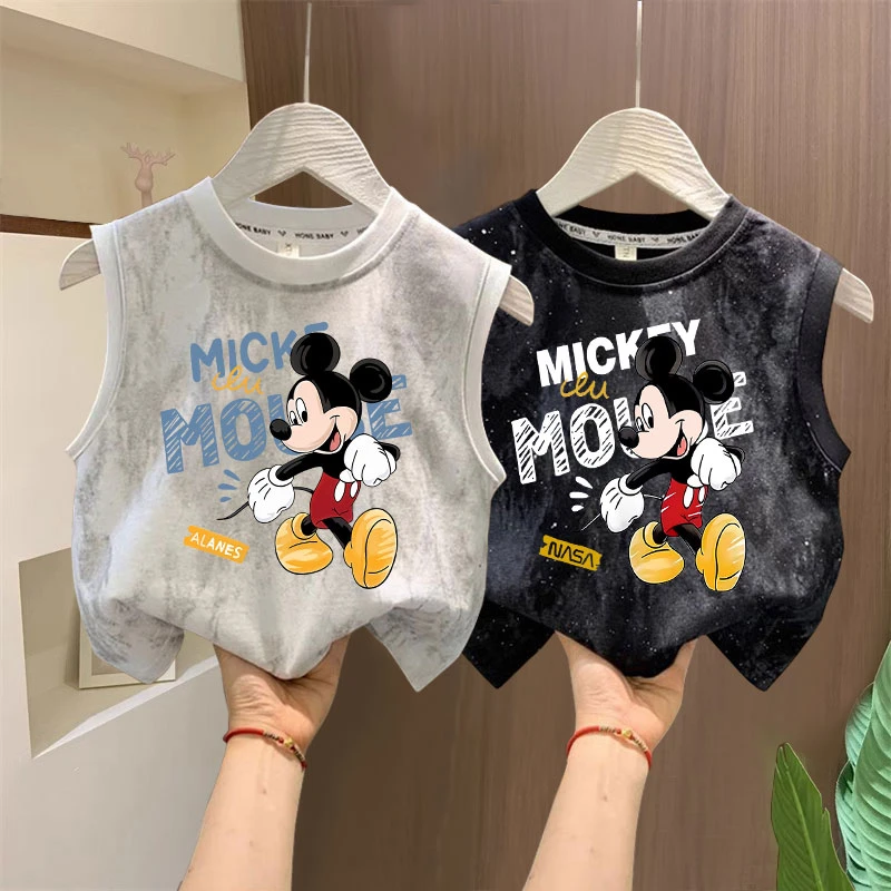夏季新款男童纯棉无袖T恤男童米奇印花韩系中大童宽松背心坎肩潮t