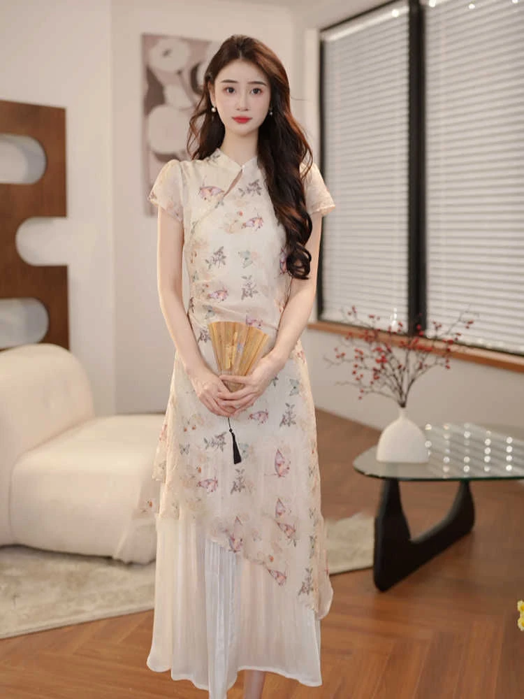 新中式国风改良旗袍连衣裙女夏季减龄蝴蝶印花收腰显瘦温柔长裙子