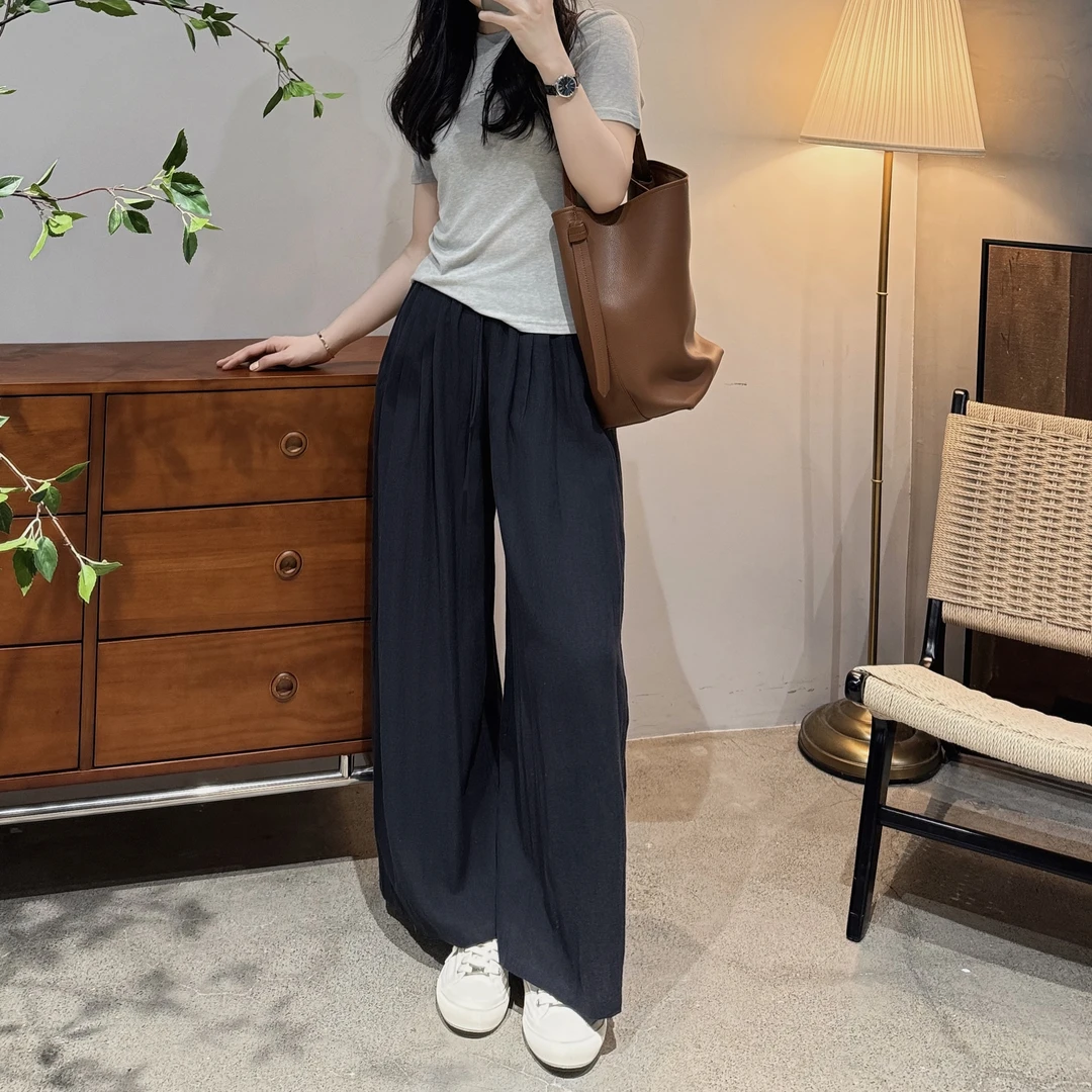 休闲裤女款爆款2025新款夏季薄款阔腿藏青直筒裤子-M25214302