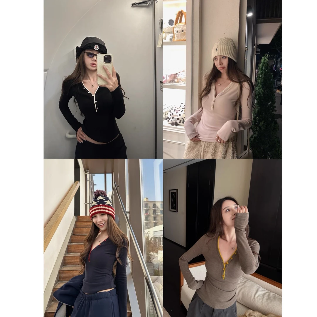 【万能搭！】加绒V领收腰长袖撞色T恤女秋冬新款修身上衣