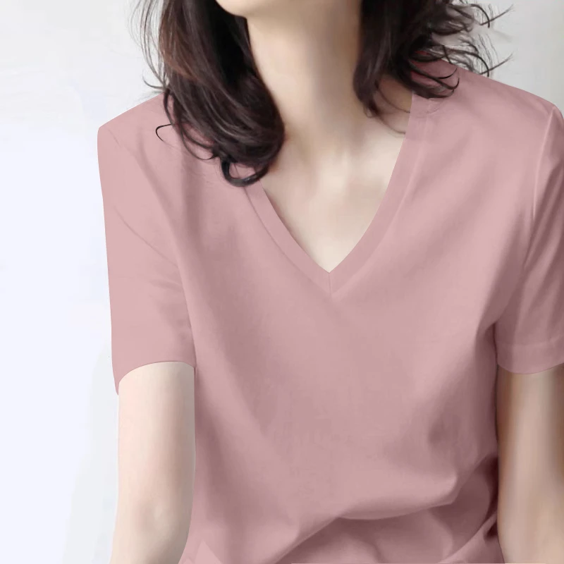 新款白色V领宽松短袖T恤女莫代尔正肩设计冰丝纯色T恤夏季打底衫