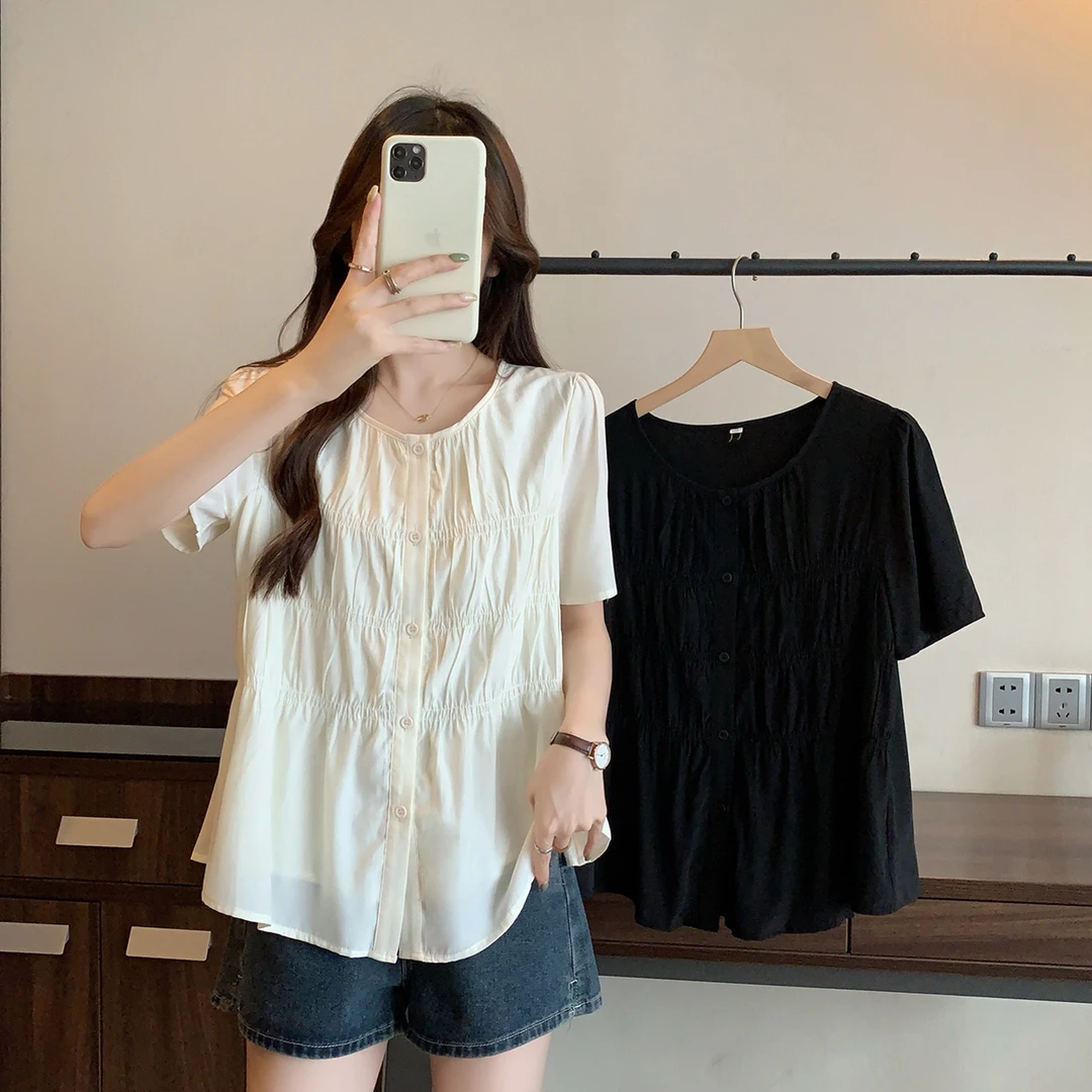 2025夏季新款胖mm大码圆领正肩短袖衬衫褶皱遮肚显瘦上衣HS63368