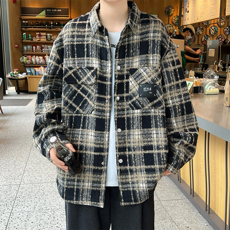 春季新款男士休闲上衣格子工艺潮牌青少年宽松款衬衫夹克外套