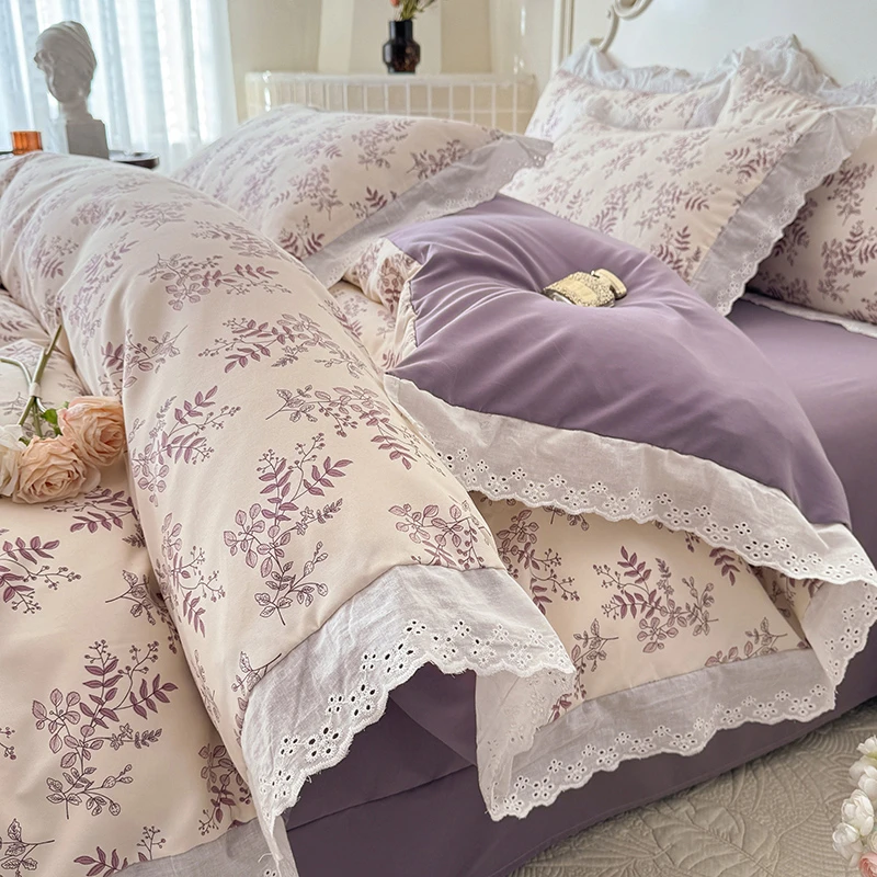 A类法式花边双层纱针织棉四件套床单被套四季床上用品床笠三件套4