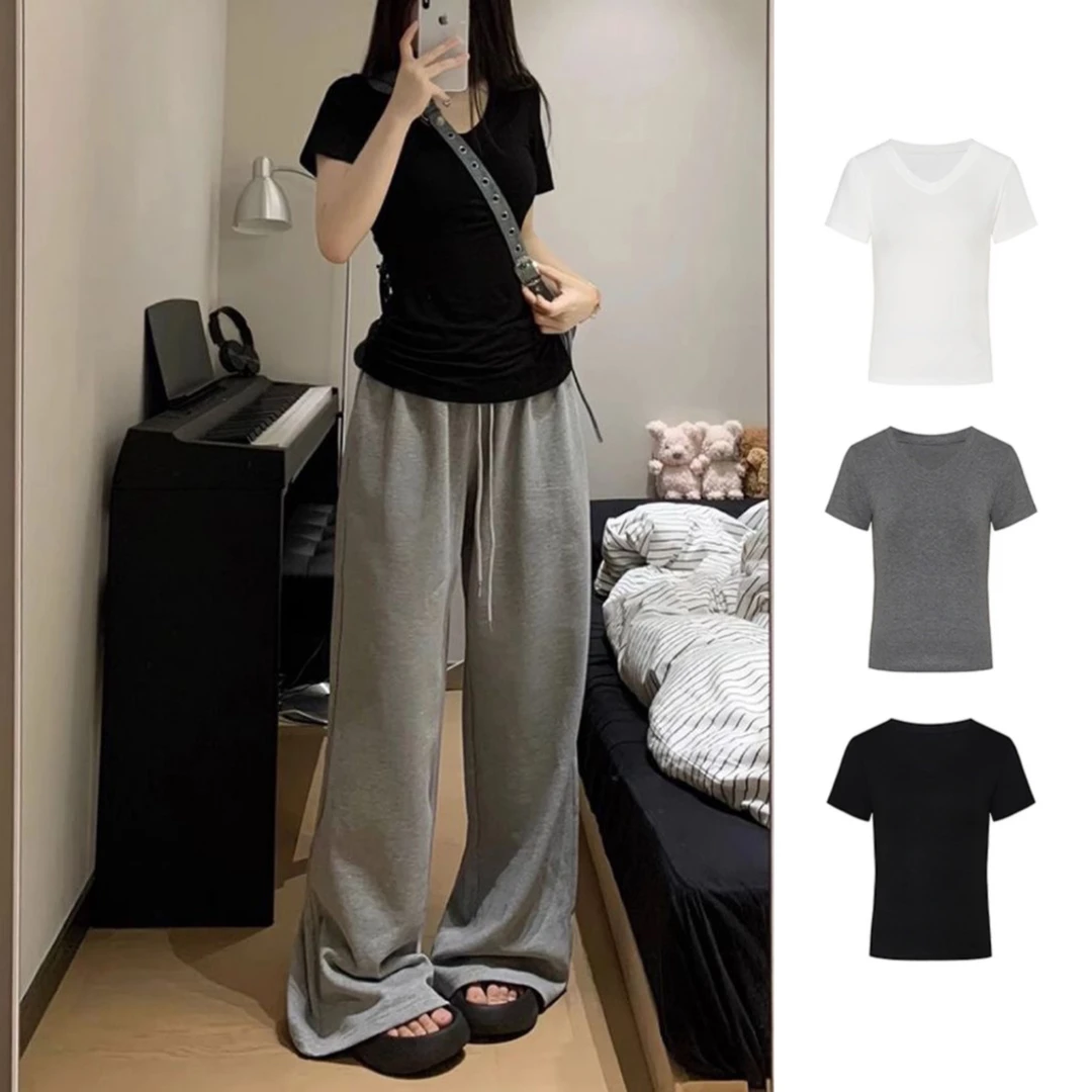 韩版百搭纯欲运动V领领短袖正肩掐腰T恤修身显瘦打底女大