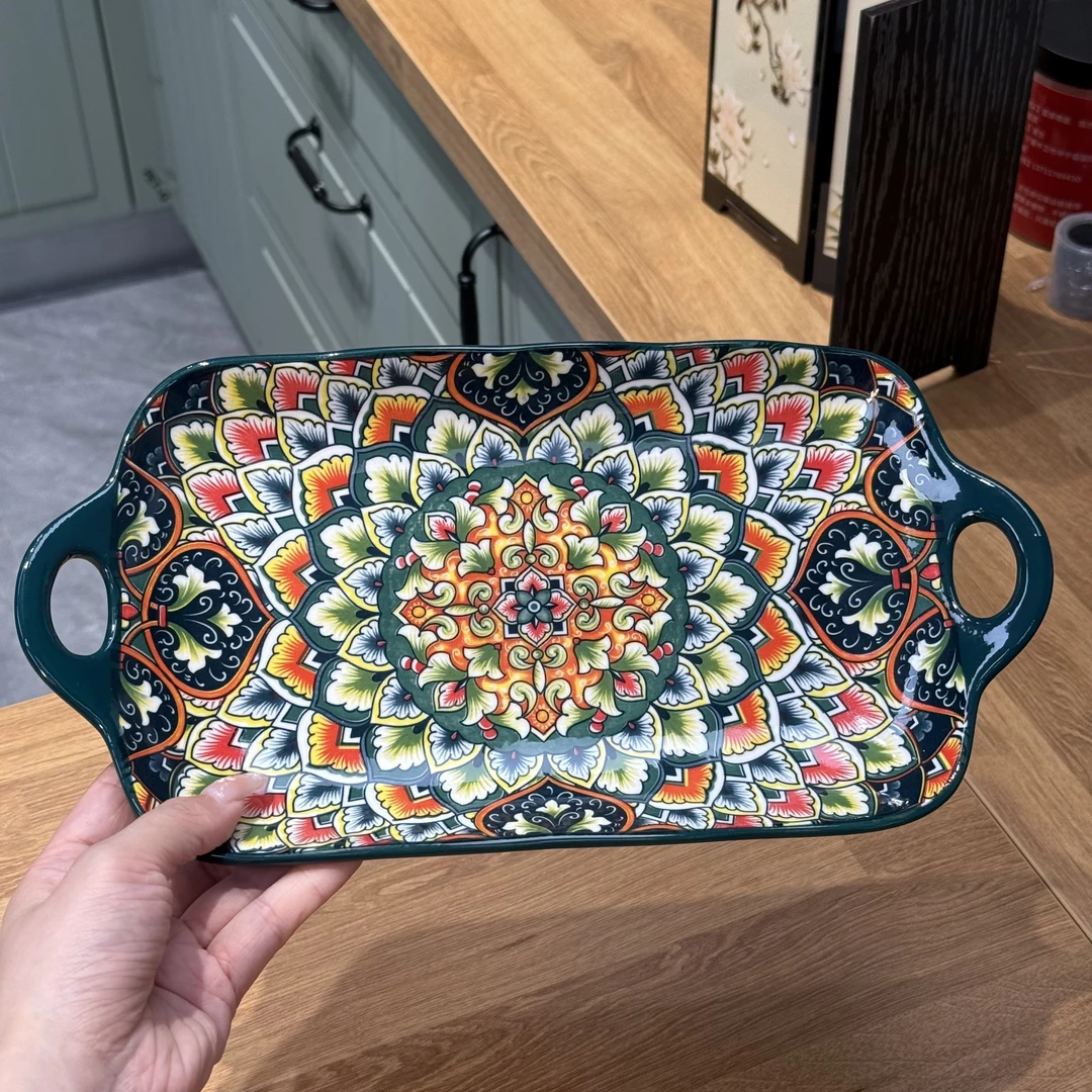 波西米亚12英寸双耳鱼盘2025新款家用高颜值蒸鱼菜盘陶瓷碗盘餐具