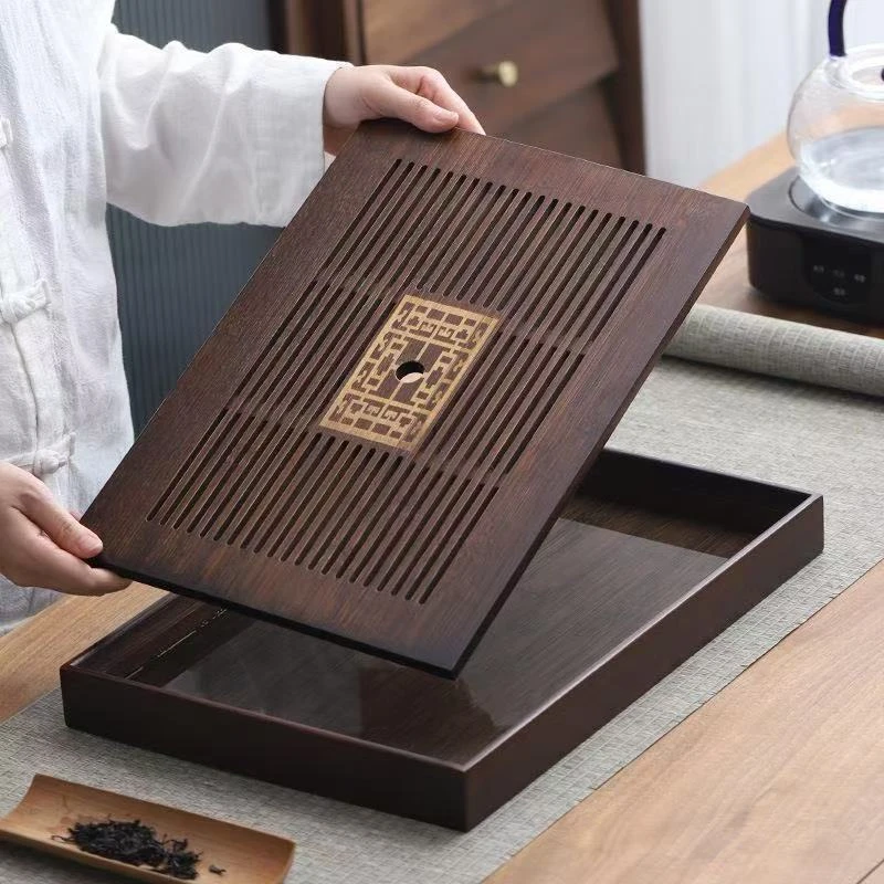新中式茶盘家用茶具托盘沥水小型干泡台小茶台蓄排水茶海内嵌楠竹