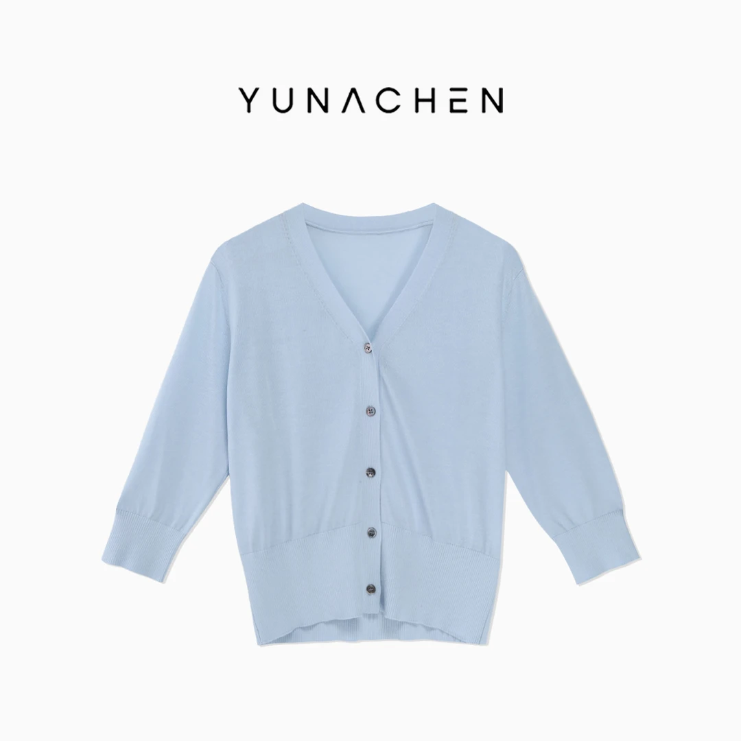 菠萝宝宝yuna【云也】三醋酸莱赛尔天丝V领七分袖开衫女针织衫YF11
