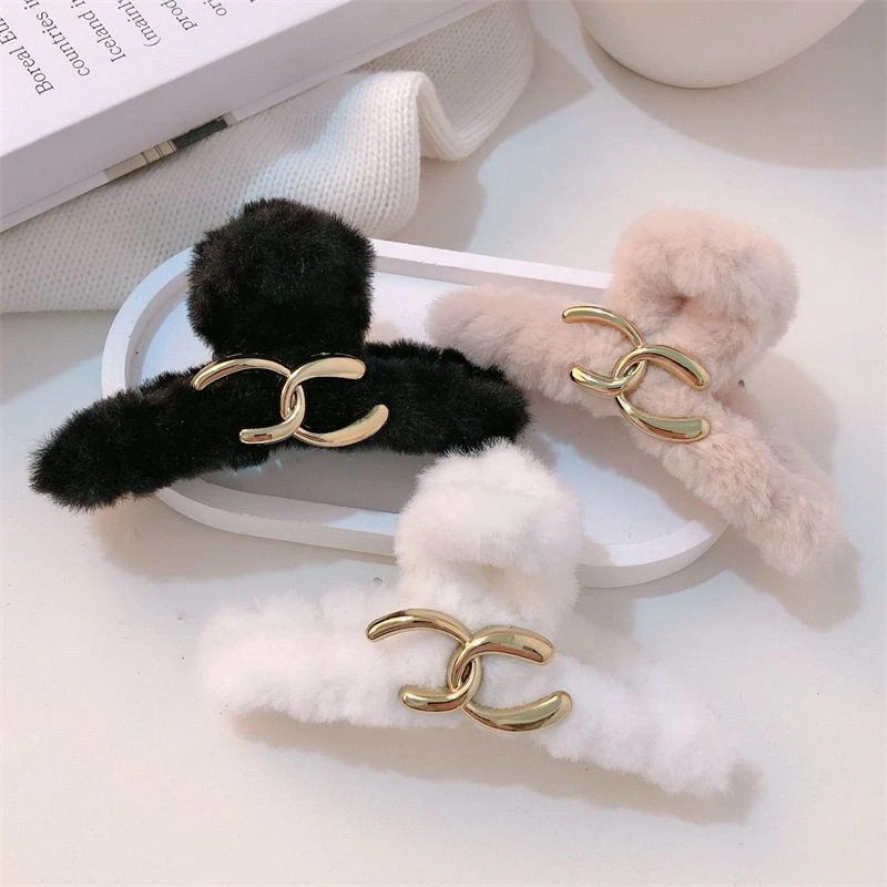 秋冬小香风毛绒抓夹女大号发夹气质后脑勺马尾盘发鲨鱼夹发夹发