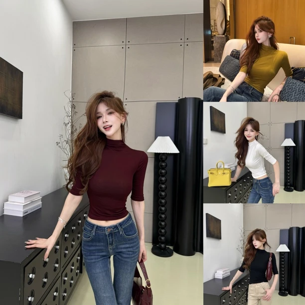 [高智美学]简约气质基础款半高领修身五分袖T恤