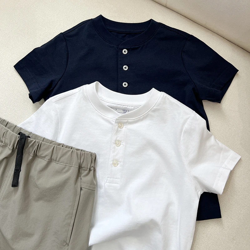 新款 经典三粒扣 亨利领纯棉短袖T恤 男童装亲肤棉TEE