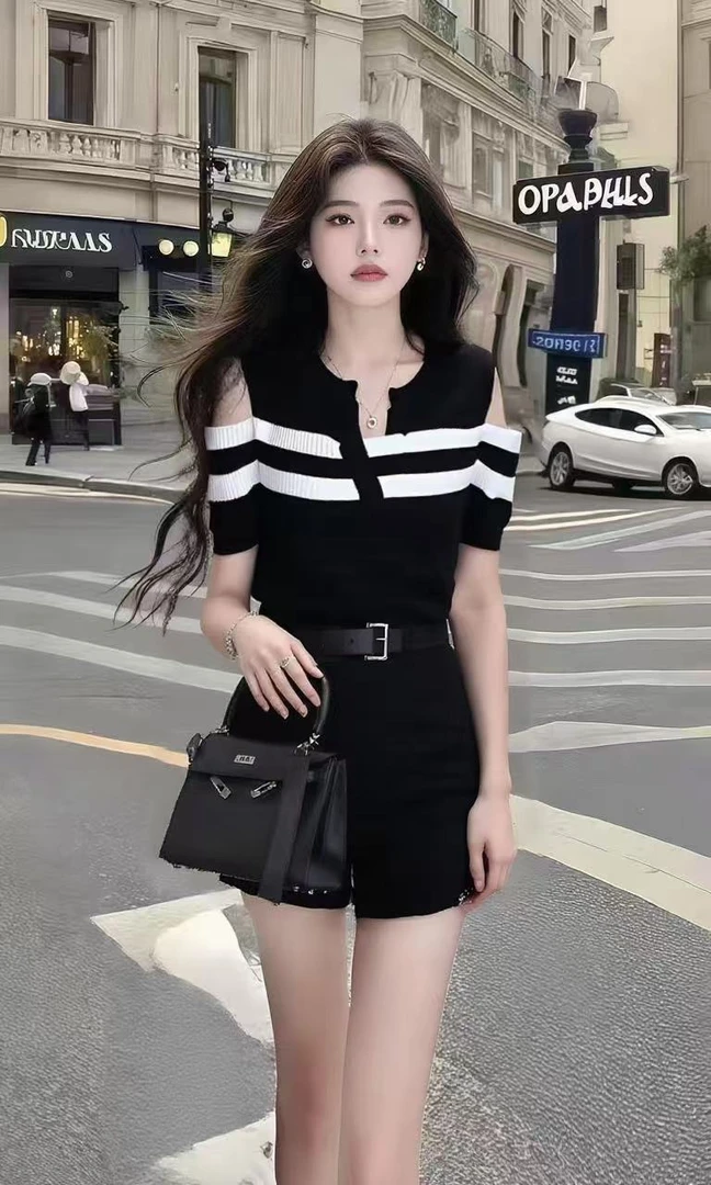 休闲时尚氛围感日常穿搭黑白条纹不规则针织上衣+黑色百搭短裤女