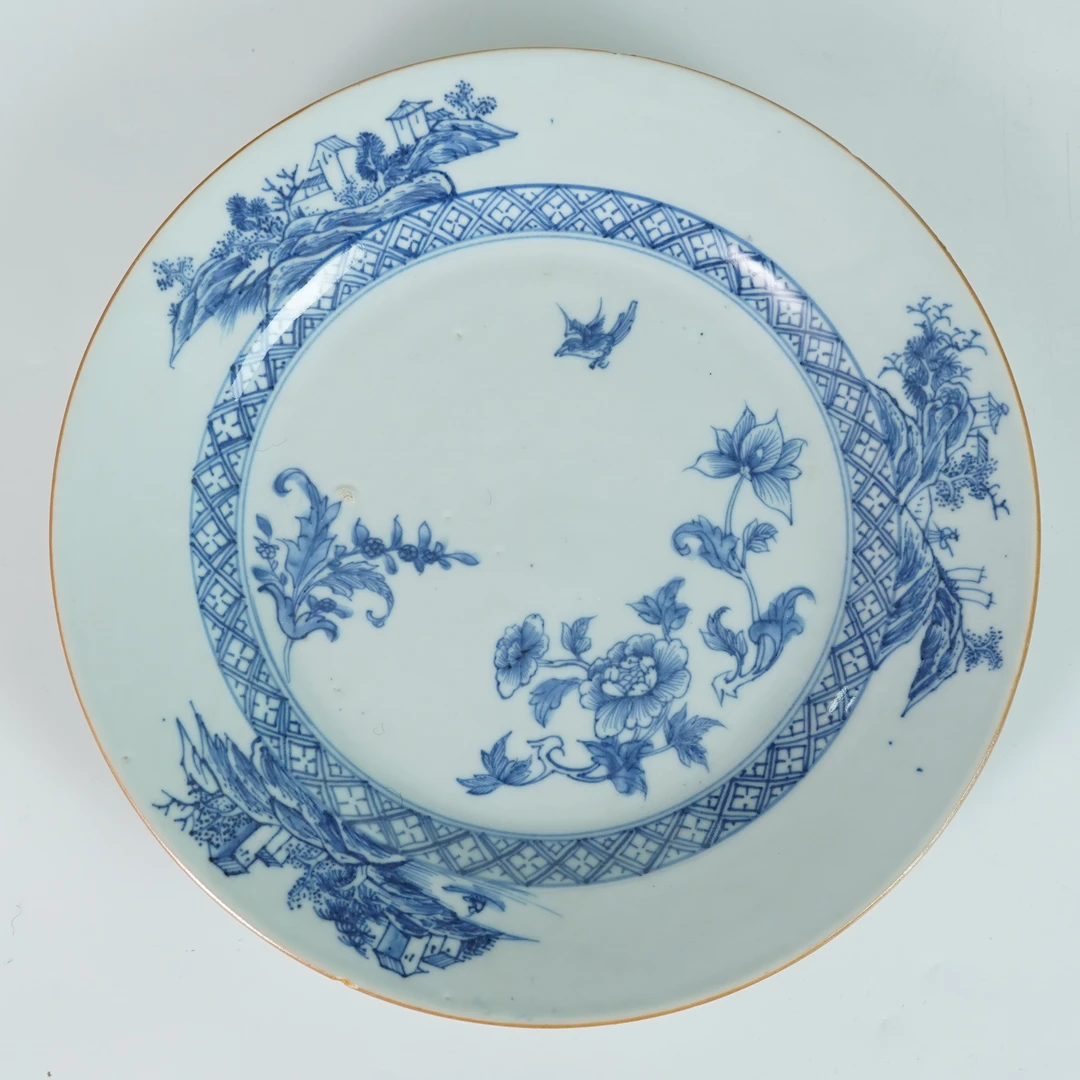 LABC251111010【十竹斋】清康熙披麻皴花鸟山水青花留白赏盘