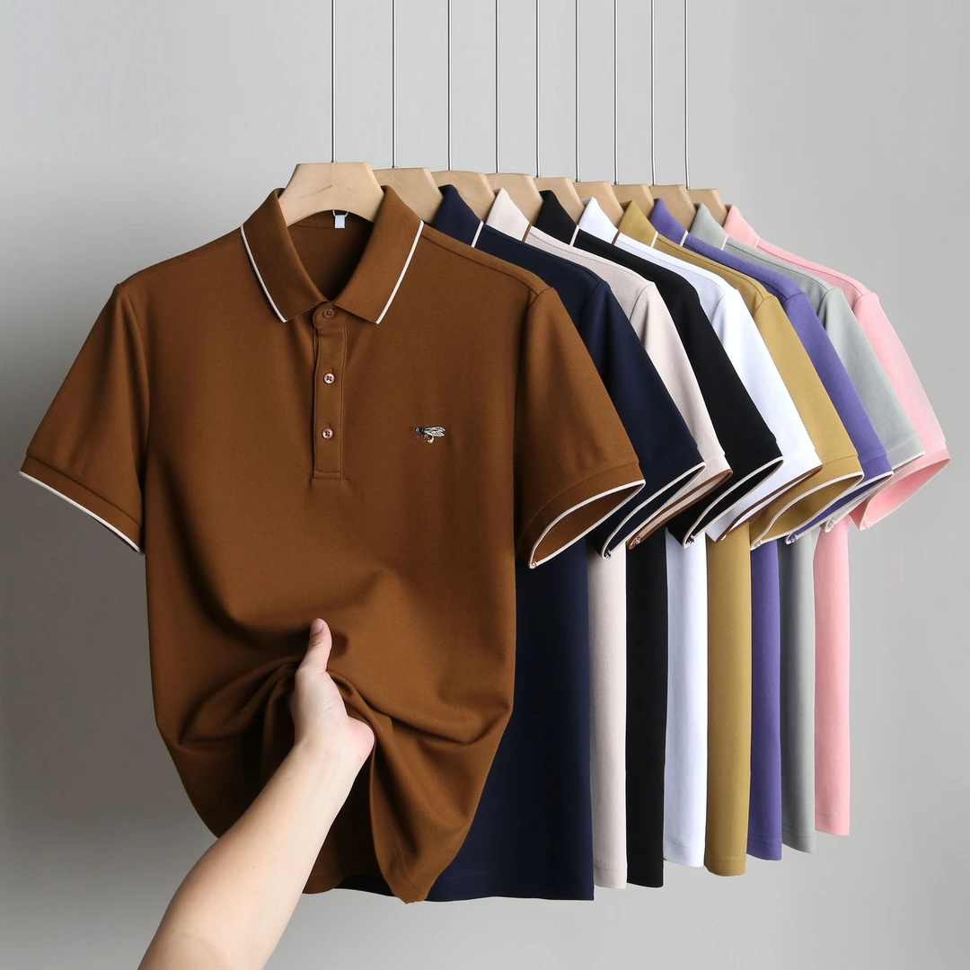 夏季薄款珠地棉刺绣小蜜蜂翻领polo衫男轻熟商务休闲通勤短袖T恤