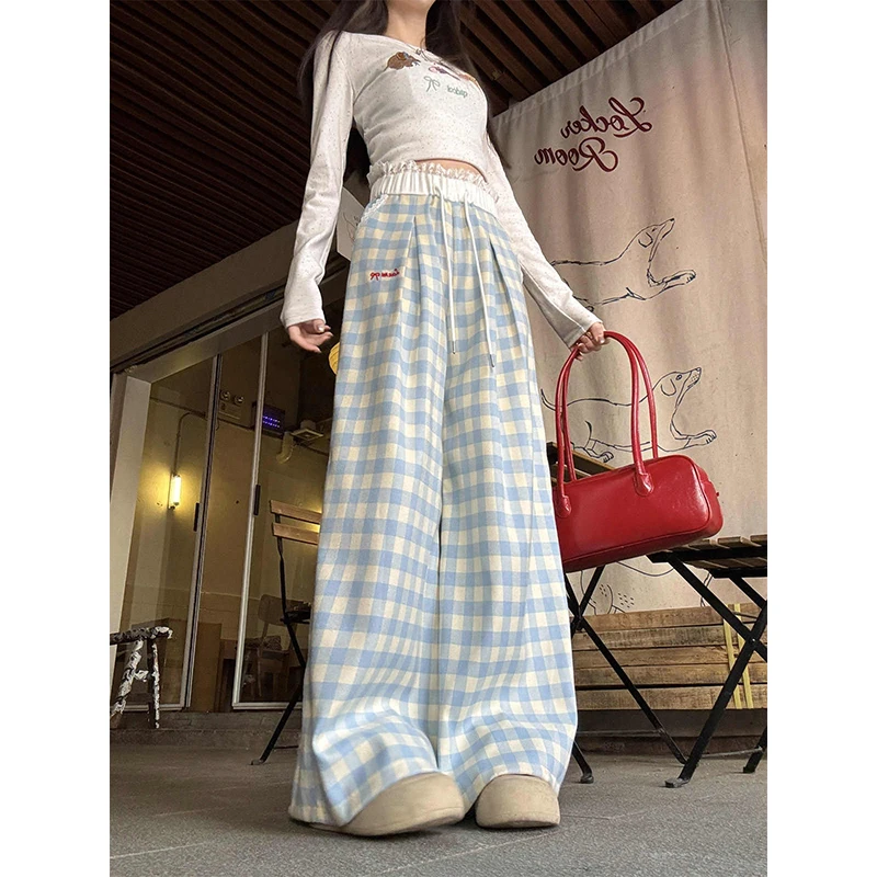 多巴胺蓝色格子休闲裤女春夏新款潮小个子阔腿裤宽松直筒拖地裤子