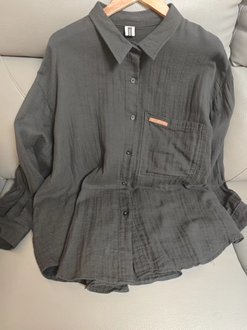 新款棉麻双层纱时尚大码宽松百搭休闲衬衫经典口袋女款