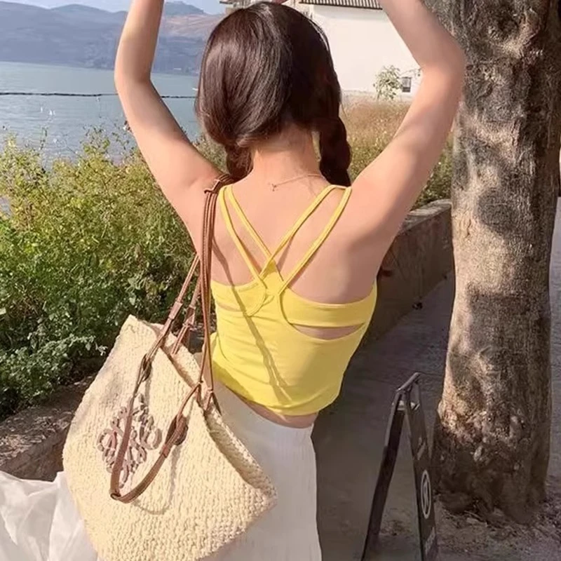 后背交叉吊带背心女夏内搭美背文胸一体带胸垫普拉提瑜伽运动上衣