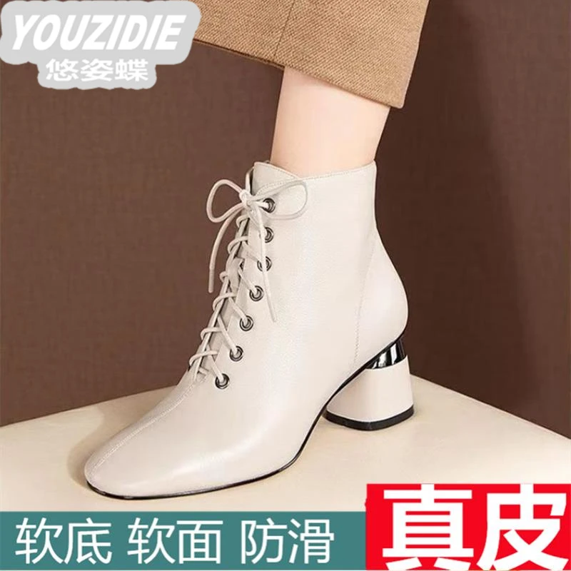 高跟短靴女鞋子2025年秋冬季新款靴子中跟粗跟绑带瘦瘦女靴马丁靴
