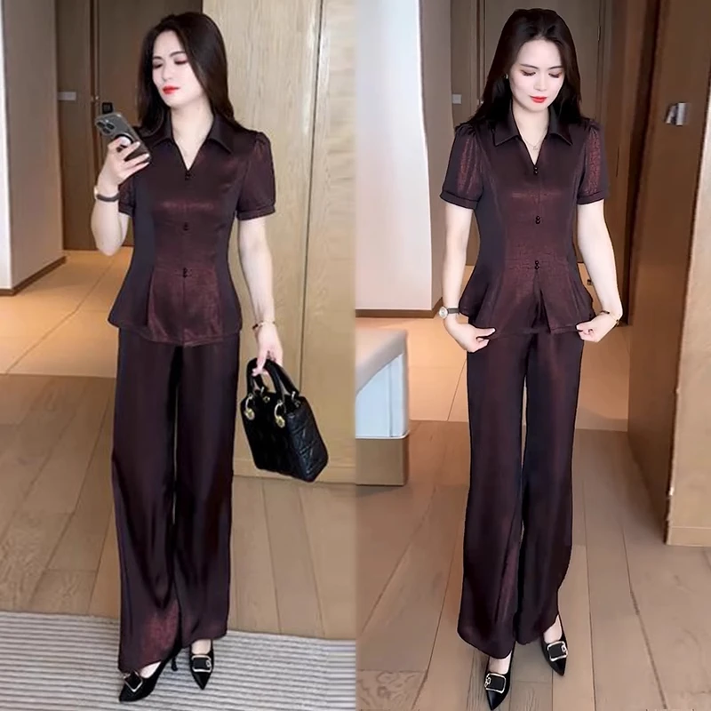 女2025夏季新款穿搭收腰显瘦衬衫阔腿裤两件套潮洋气减龄时尚套装