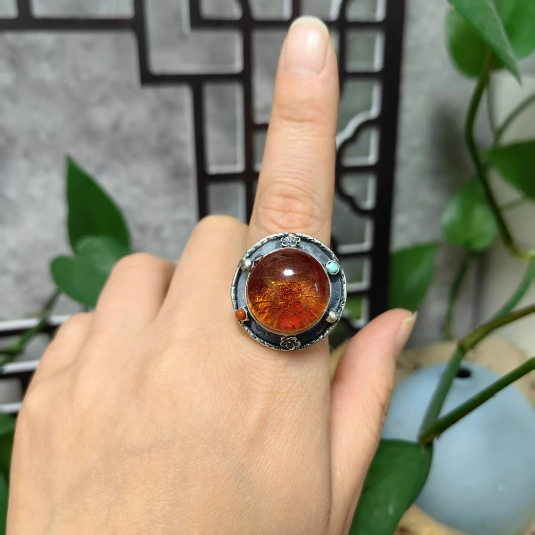 LYliuyng天然琥珀蜜蜡戒指品质独特系复古手工银镶夕阳红琥珀银戒