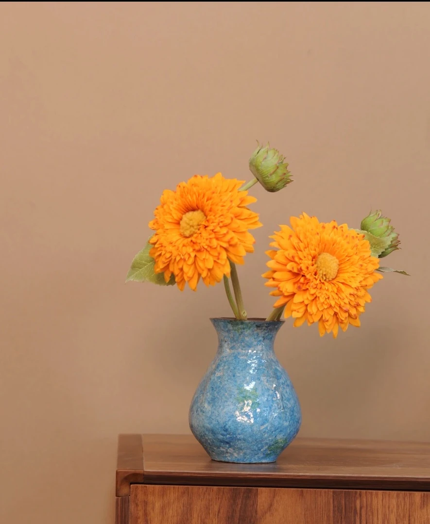 景德镇手工颜色釉蔚蓝海岸福袋艺术感花瓶（高度16cm 口径8cm）