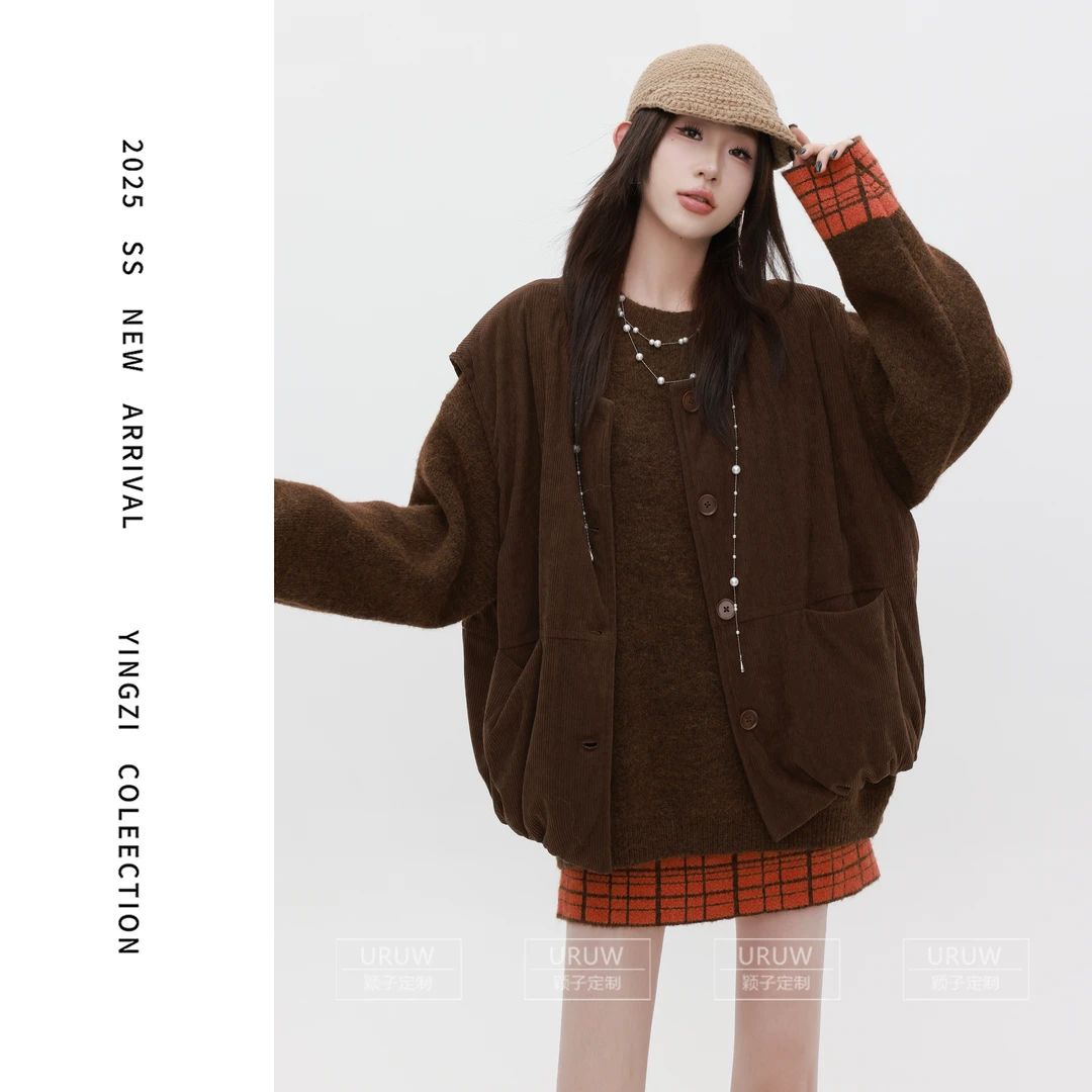 颖子定制【摇摆舞会】冬季简约复古灯芯绒夹棉马甲休闲宽松马甲2132