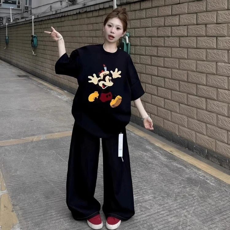 美式复古黑色卡通米奇印花短袖t恤女2025夏季新款纯棉百搭上衣潮
