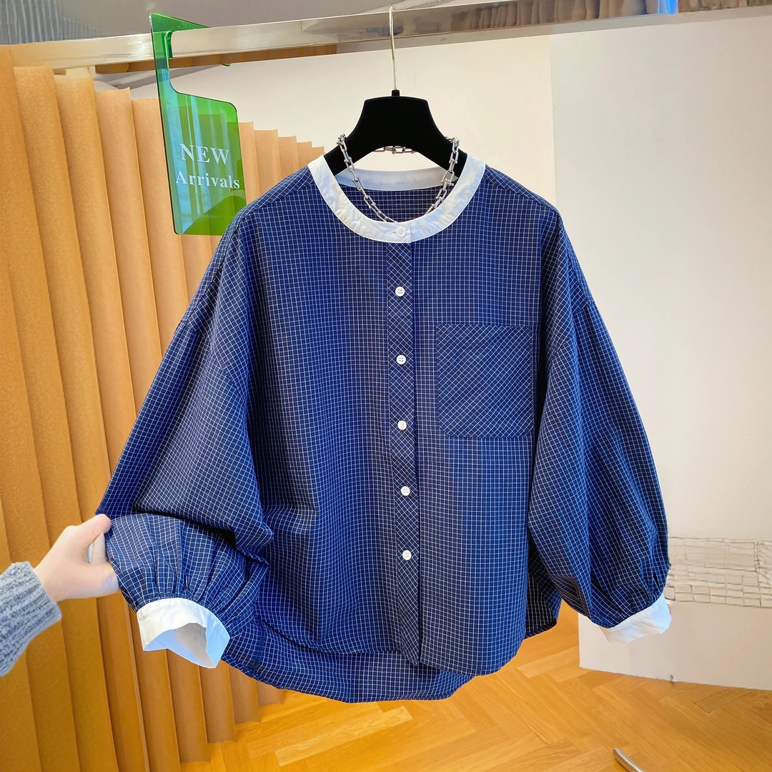 1366韩系减龄圆领小格子衬衫女长袖新款早秋装宽松气质灯笼袖上衣